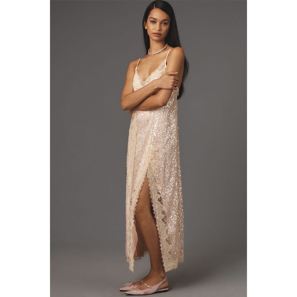 Anthropologie En Elly‎ Pink Sequin Lace Slip Midi Dress NWT Size M